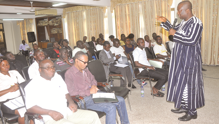  Mr Serebour Quaicoe (standing right) addressing the media in Kumasi at a one-day capacity building workshop on election reporting. Picture: EMMANUEL BAAH